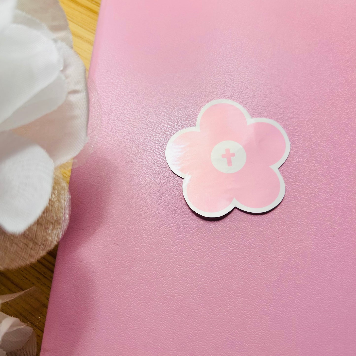 Pink Flower Christian Sticker with Cross