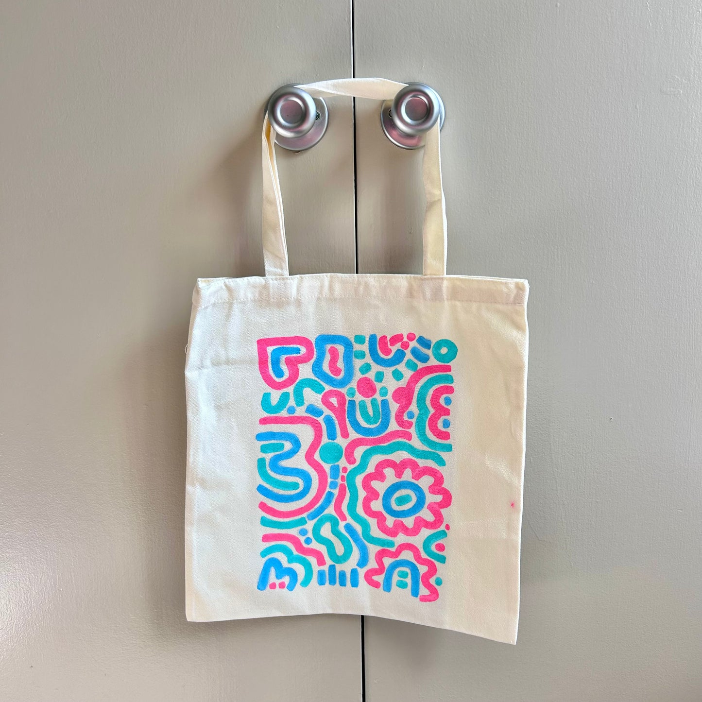 New Beginning Faith-Based Tote Bag With Intricate Hand-Painted Joyful Line Art (Pink +Blue)