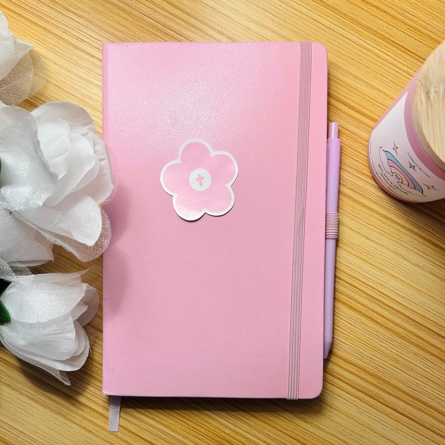 Pink Flower Christian Sticker with Cross