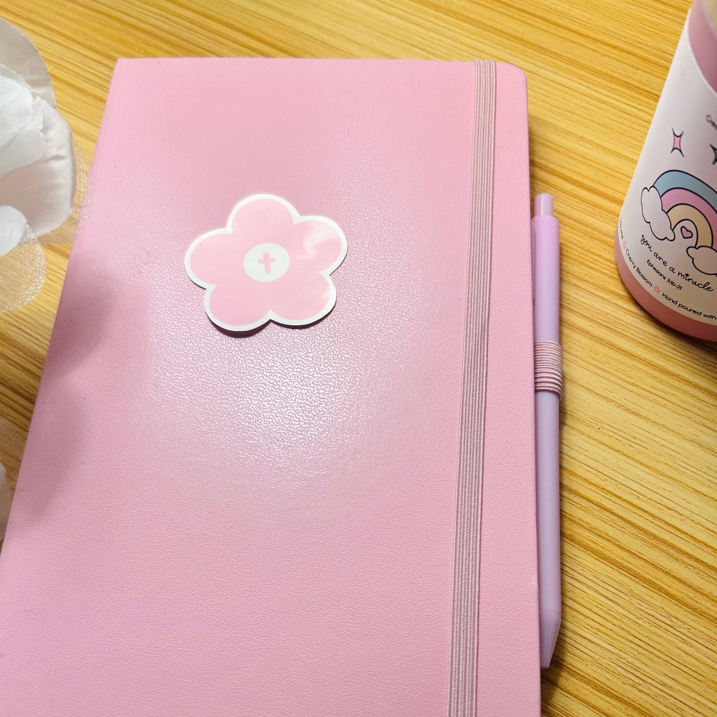 Pink Flower Christian Sticker with Cross