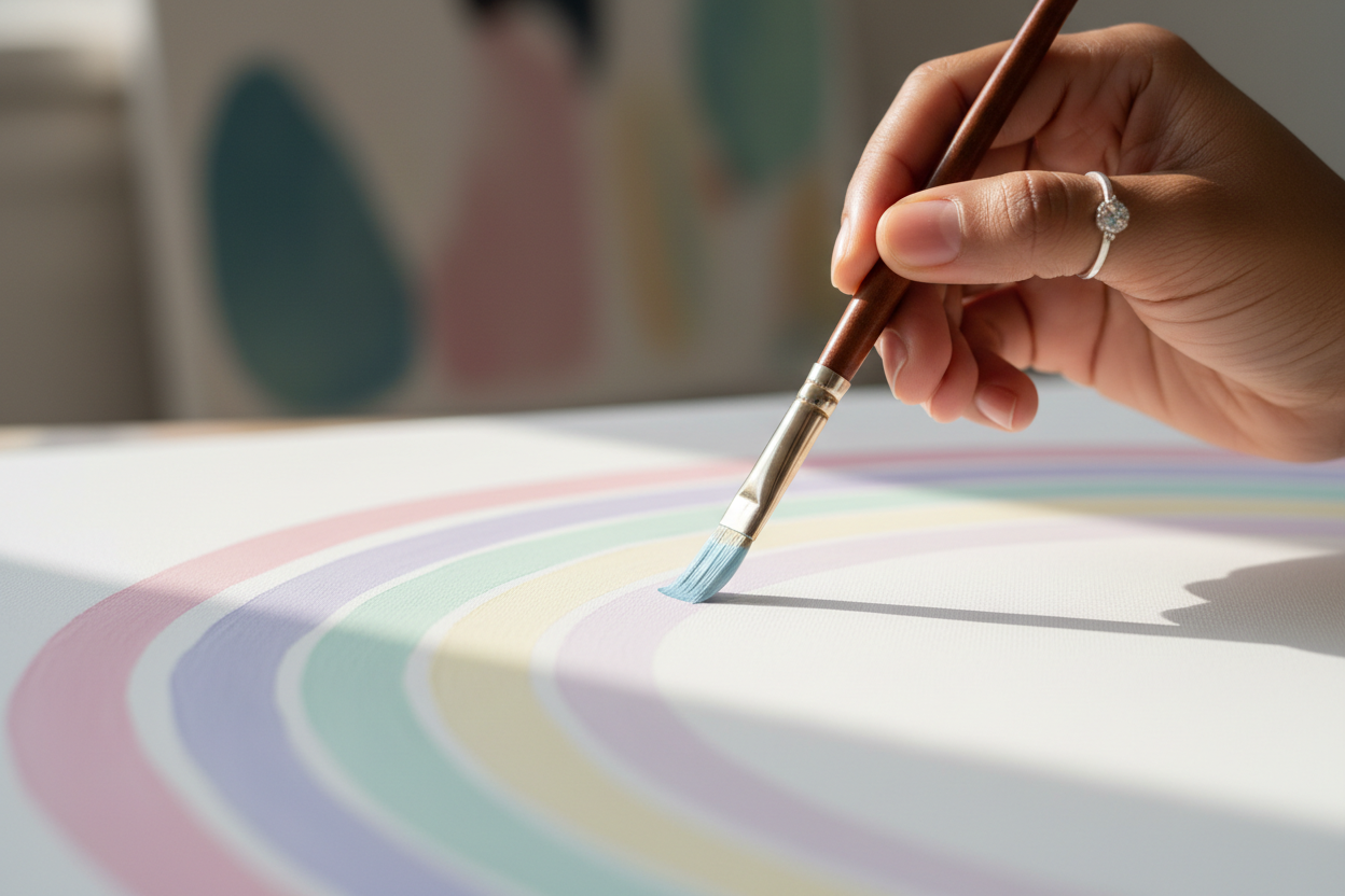 brown woman painting a pastel rainbow with one brown paintbrush (close up of her hand painting on canvas)