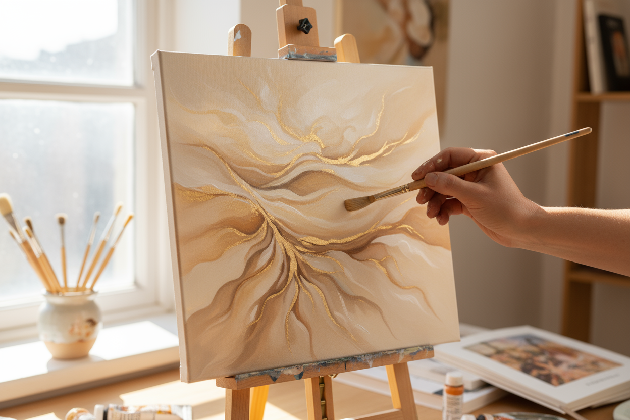 hand painting abstract beige canvas on easel focusing on trusting in God