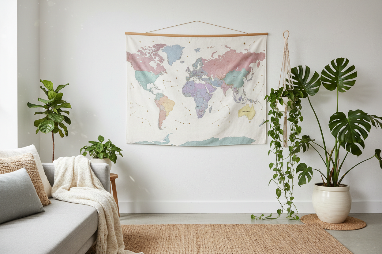 Pastel pink, purple, mint, blue, yellow map tapestry hanging on a wall aesthetic with plants next to it