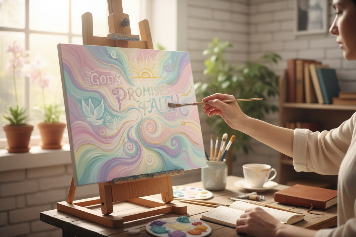pastel rainbow, hand painting a canvas on easel that depicts the promises of God and faith