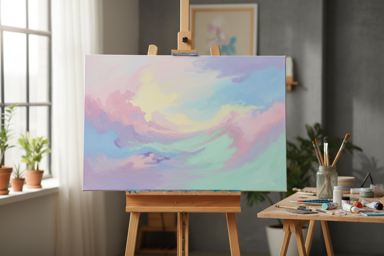 rainbow pastel (use these colors: pink, yellow, purple, blue, mint) painting on easel