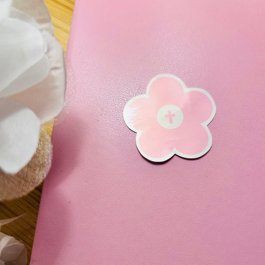 Pink Flower Christian Sticker with Cross