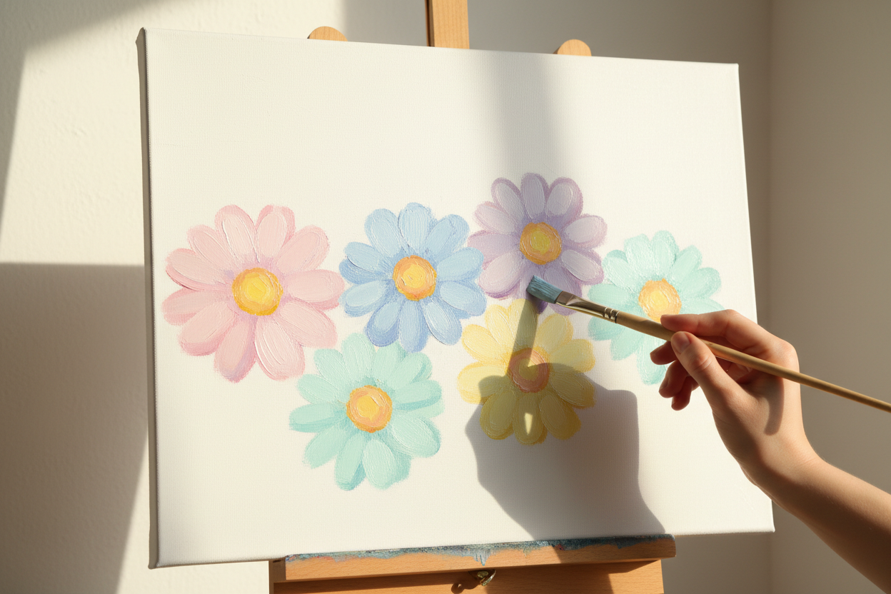 a simple painting on a white canvas of one daisy flower blob pastel pink, one daist flower blob pastel blue, one daisy flower blob pastel purple, one daisy flower blob pastel yellow, and one daisy flower blob pastel mint. a woman with a light brown paintbrush painting it. Only her hand/arm. with the sunshine. 