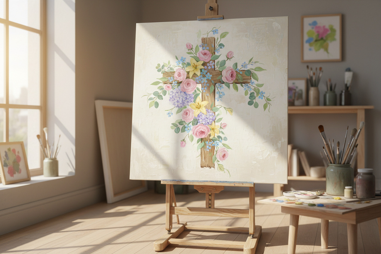 A painted light brown cross with pastel pink, purple, yellow, mint, blue flowers on it on canvas on easel