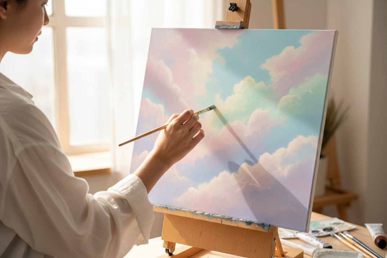 Pastel pink, purple, mint, blue, and yellow painted clouds on a canvas on an easel with a light brown paintbrush held by a woman’s hand. Don’t show her face. 