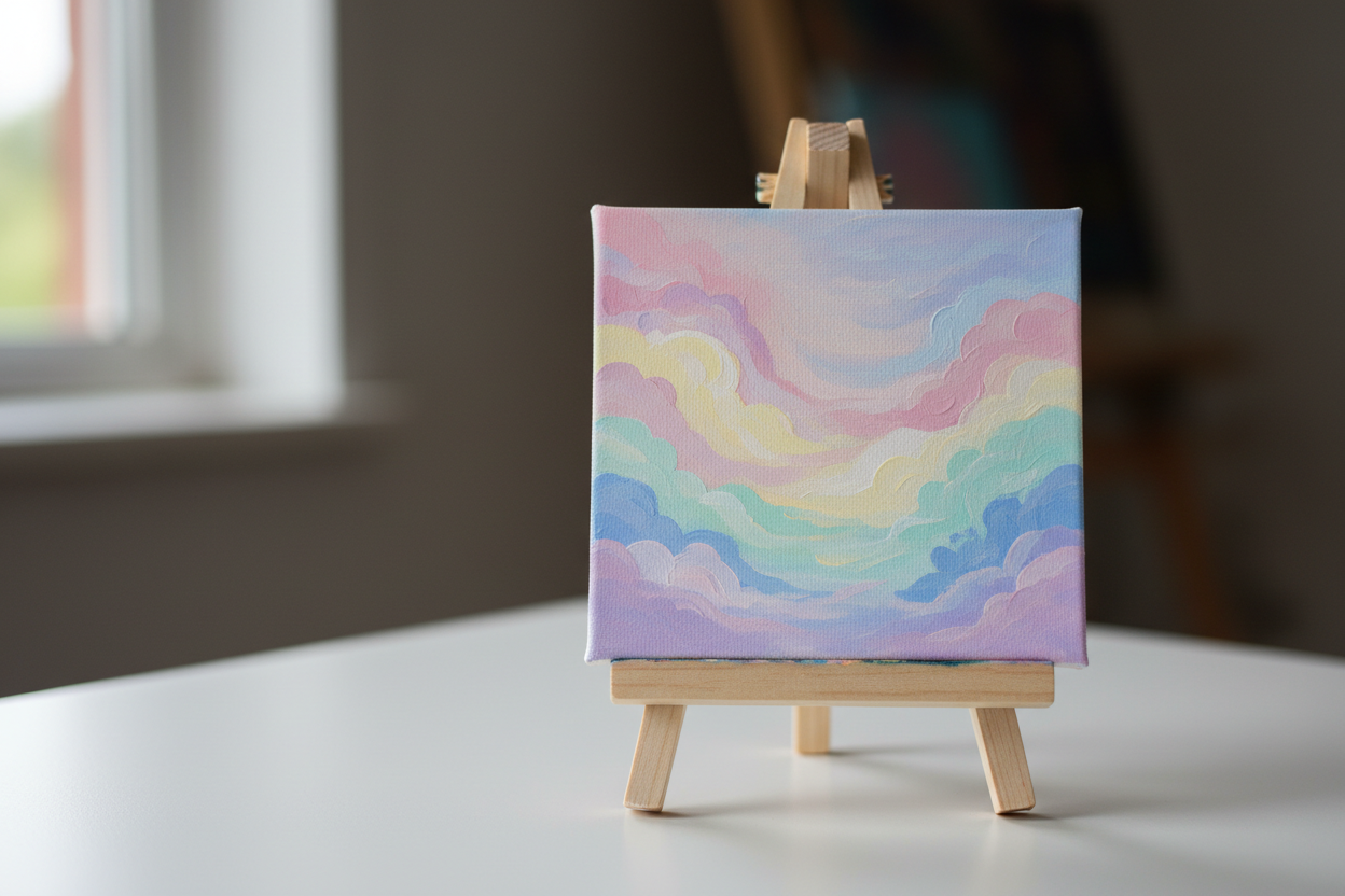 Pastel pink, yellow, blue, mint, purple clouds on a small canvas on easel 