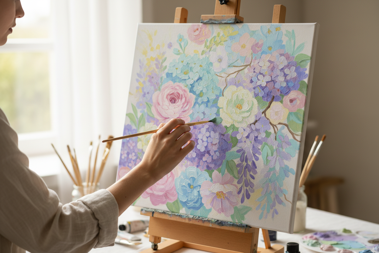 Pastel pink, purple, blue, mint, and yellow painted flowers on a canvas on an easel with only a women’s hand painting with a light brown paint brush. 