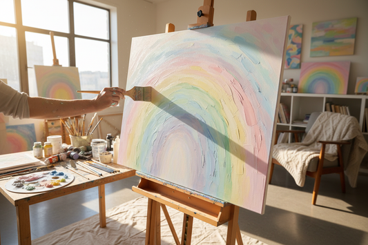 A hand painting an abstract pastel rainbow canvas on easel in a room 