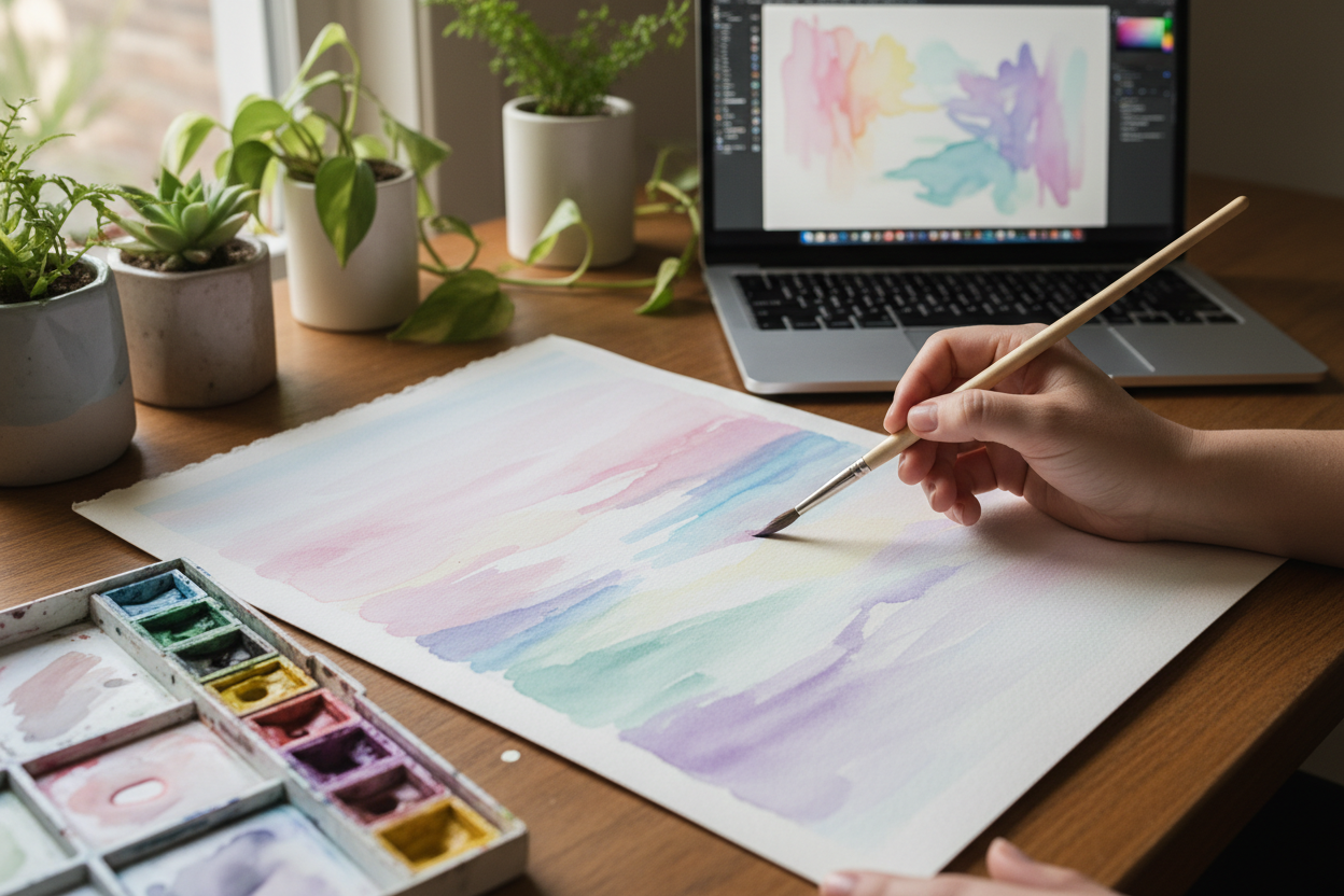 a woman's hand painting a watercolor painting with pastel art colors pink, yellow, blue, mint, purple on a desk with an open laptop in front of her and plants on her desk. 