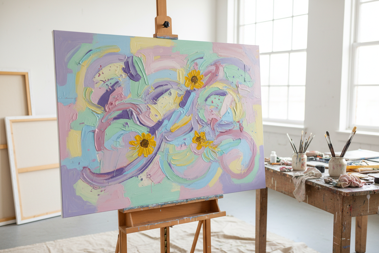 Abstract painting on an easel with pastel colors pink, purple, mint, blue and yellow