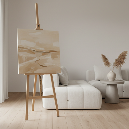 beige abstract small painting canvas on easel in aesthetic minimalist home
