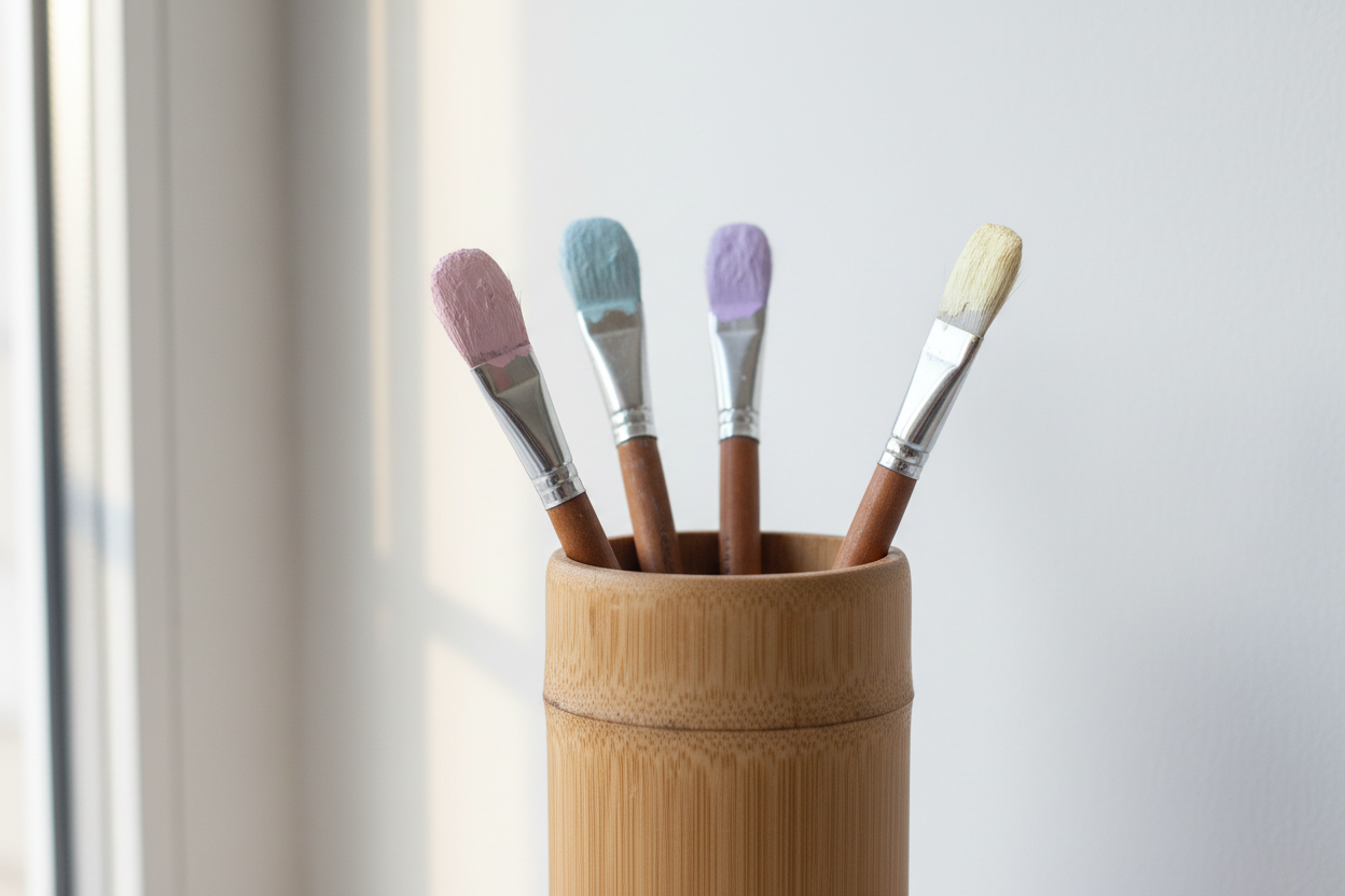 brown paint brushes with pastel pink on one brush, pastel blue on another brush, pastel purple on another brush, and pastel yellow on another brush. All of them are in a bamboo jar 