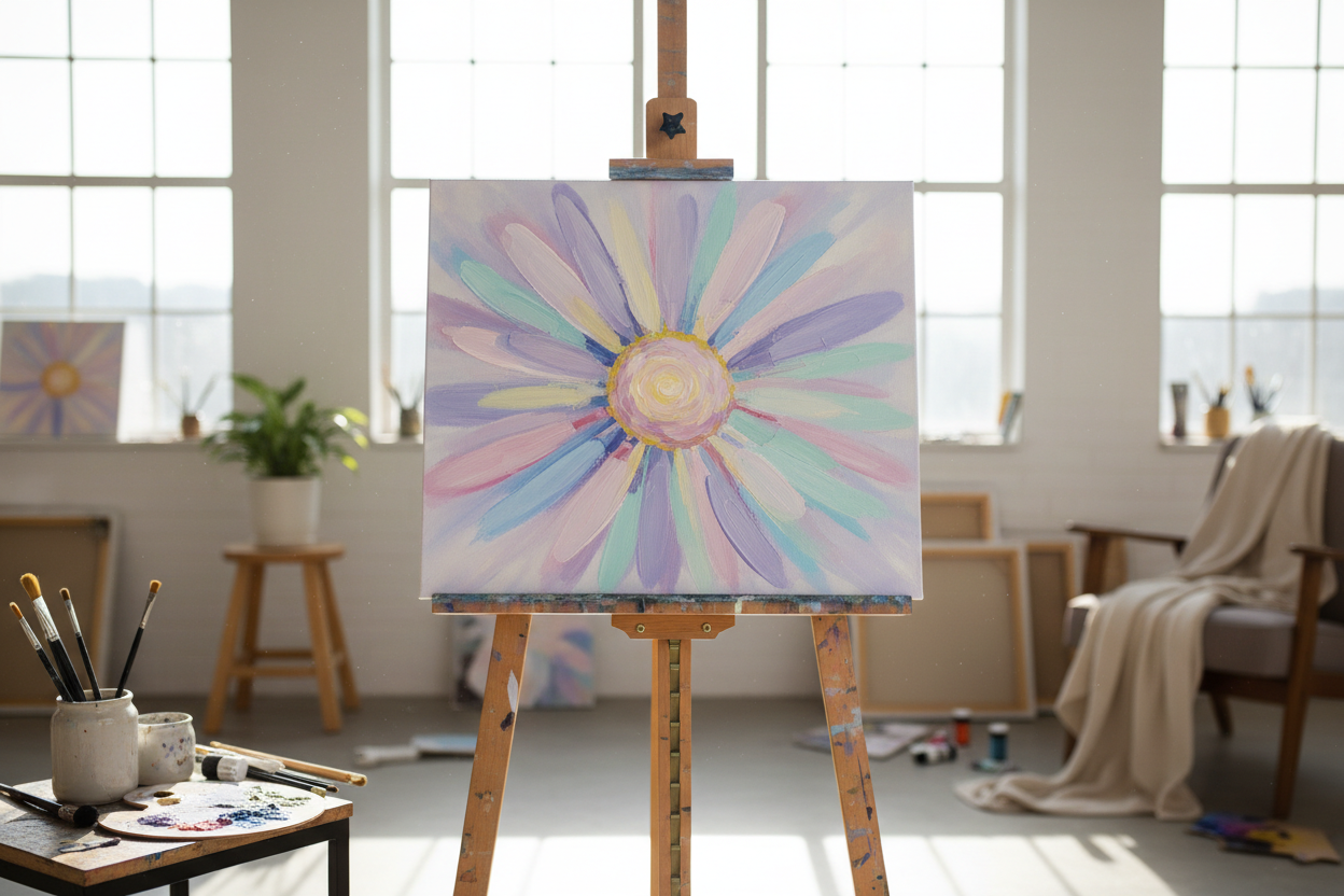 Canvas painting on an easel of a simple abstract painting of a daisy flower with these pastel colors (pink, yellow, purple, blue, mint) 