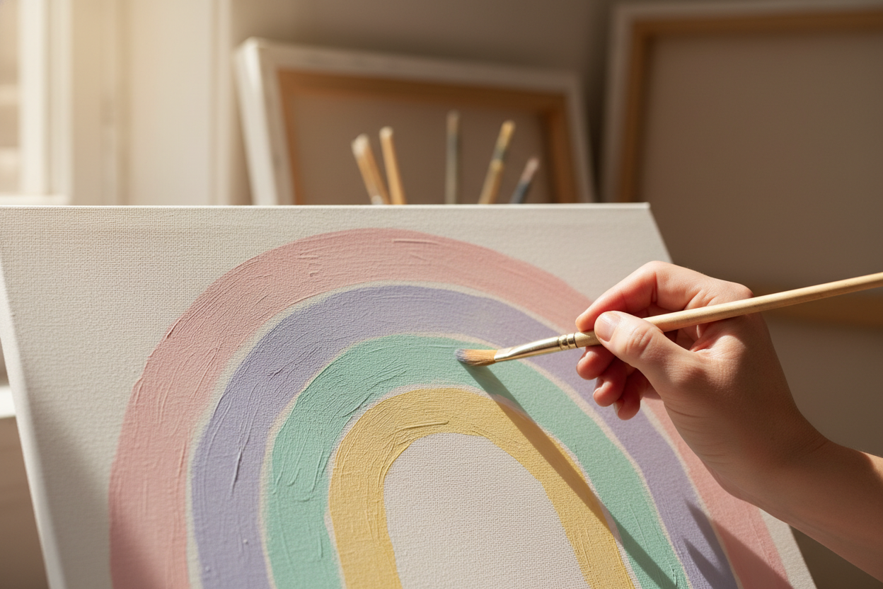 hand painting a pastel rainbow depicting having faith in God and believing in His promises