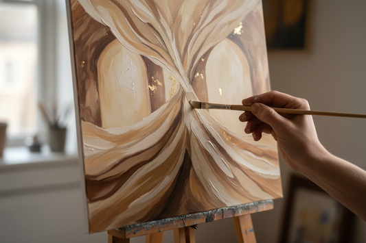 hand painting abstract biege/tan canvas on easel focusing on God's truth 