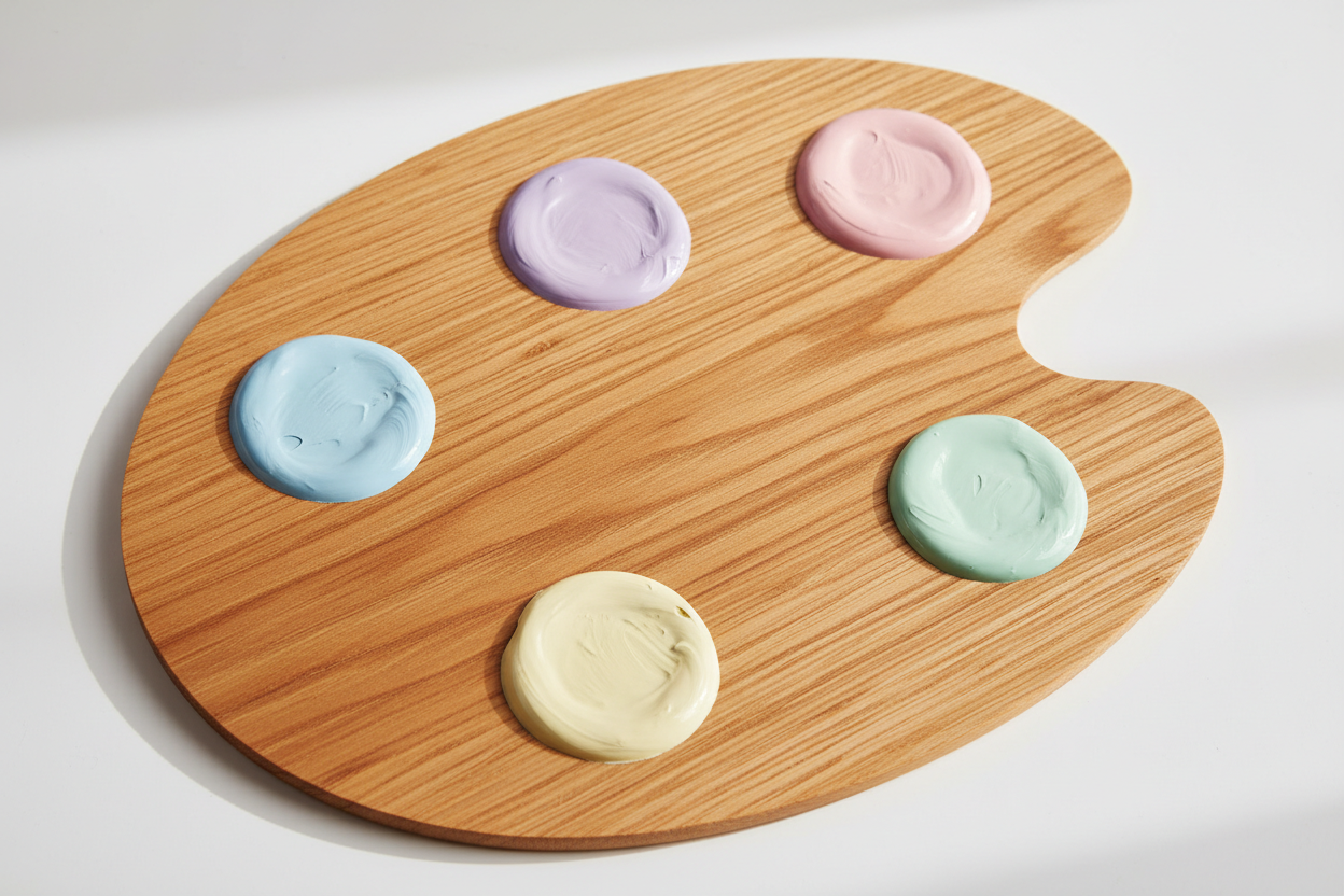 light brown bamboo palette with paint blobs of these pastel colors: blue, purple, pink, yellow, mint