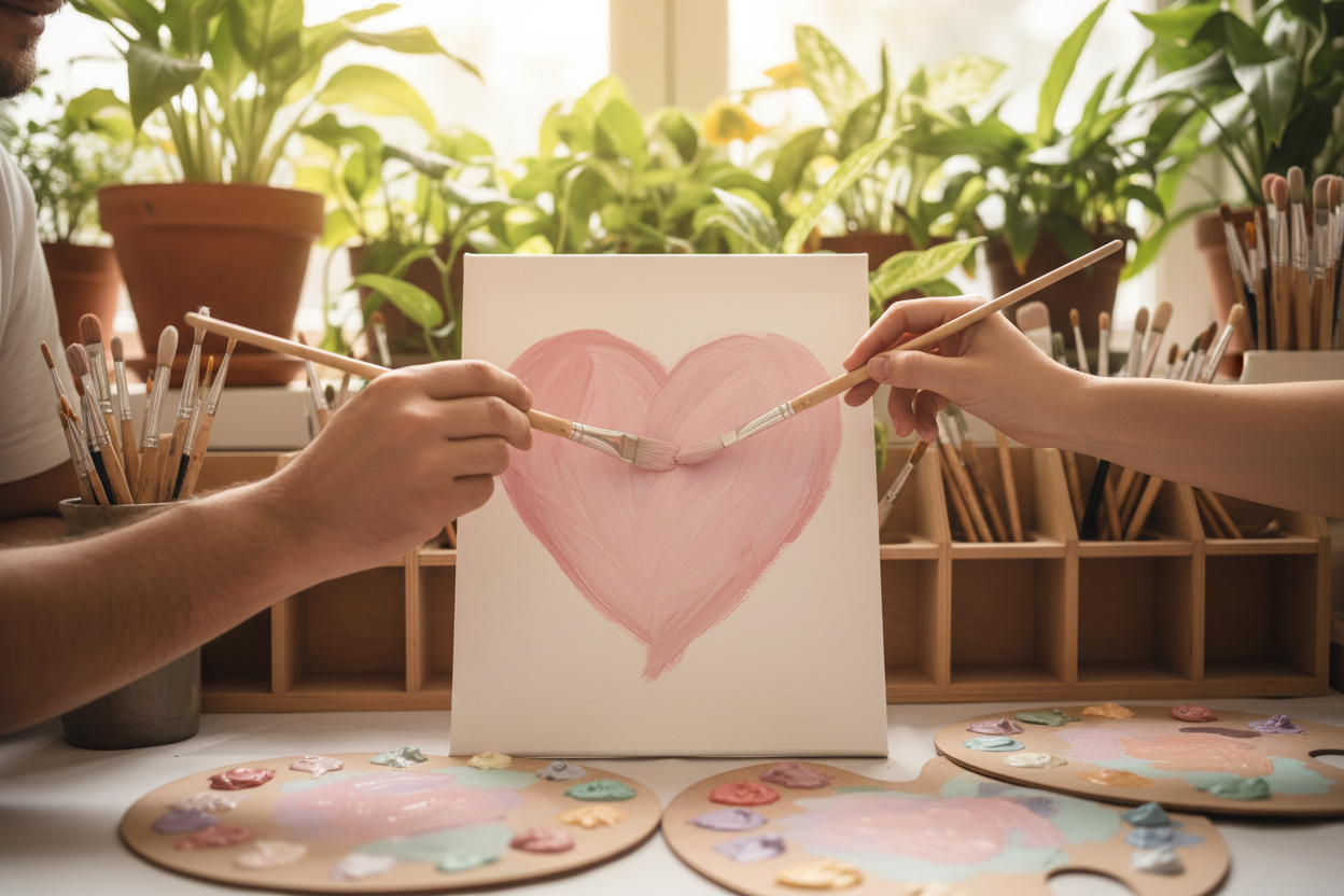 man and woman painting a pastel pink heart together. they each a light brown paint brush in each hand. only show their arms. plants in the background and wood organizers with paint brushes and bamboo palettes with pastel colors. 