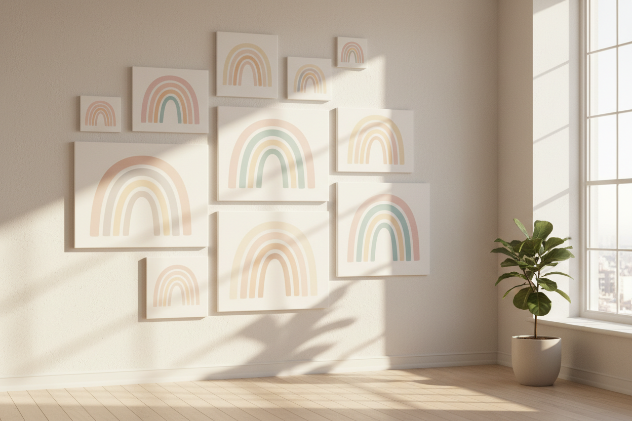 many canvases on a wall with simple pastel rainbows with a white background on canvases with these pastel colors: yellow, pink, purple, blue, and mint. During the day with the sun shining on them. 