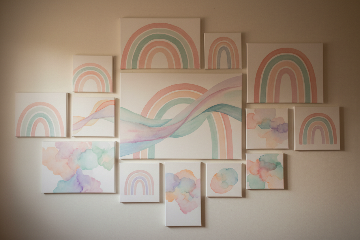 many canvases with pastel rainbows