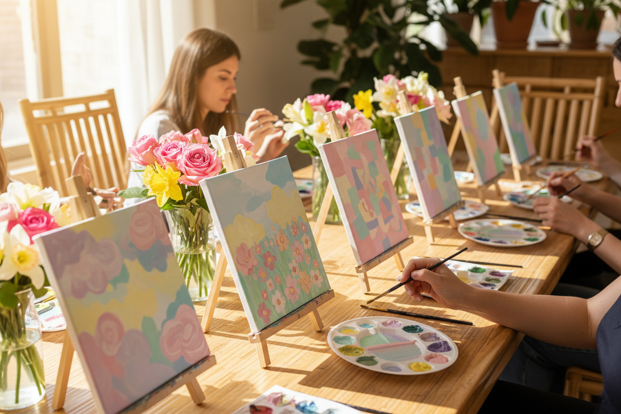 many women's hands (only show their hands, not faces) in a row sitting at a bamboo aesthetic wooden table painting  12x12 canvases on desktop easels with different paintings that have the colors pastel colors pink, yellow, blue, mint, purple with bright sunshine lighting coming from the window and pink, yellow and white flowers on the table in vases
