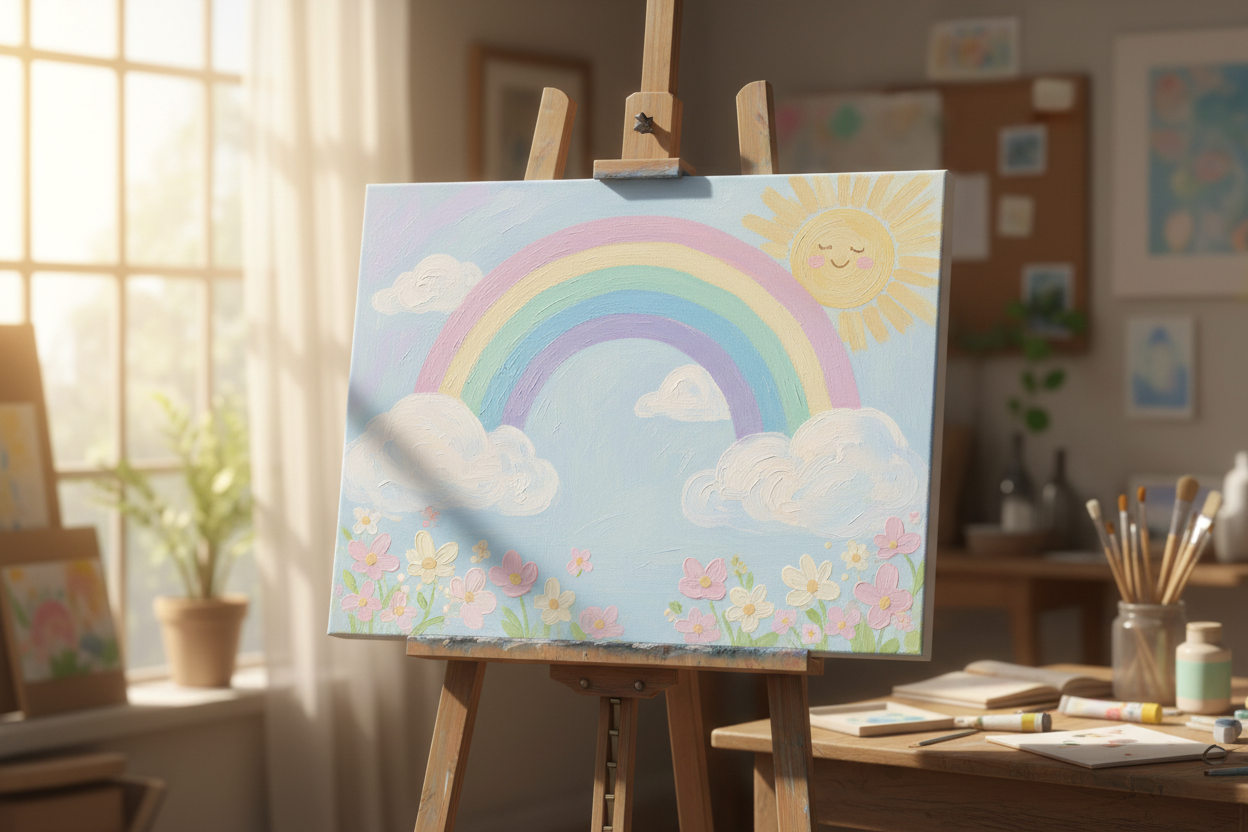 Painted pastel rainbow with light pastel pink, purple, blue, mint and yellow with white clouds on a canvas and easel with pastel sunshine painted on the canvas. Sunshine coming from the window. Pastel (pink and white)  flowers painted on the canvas 