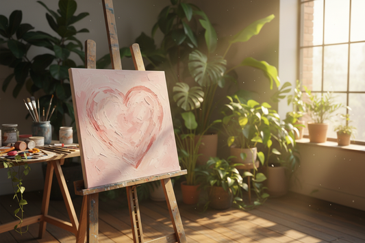 paste pink heart on a canvas on easel with plants in the background and sunshine