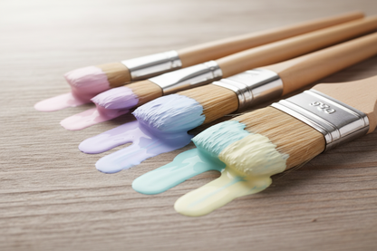 Pastel pink, purple, yellow, blue and mint paint on light brown wood brushes 