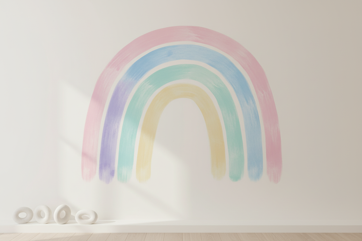 rainbow art displayed on a wall with pastel pink, blue, mint, purple, and yellow paint.